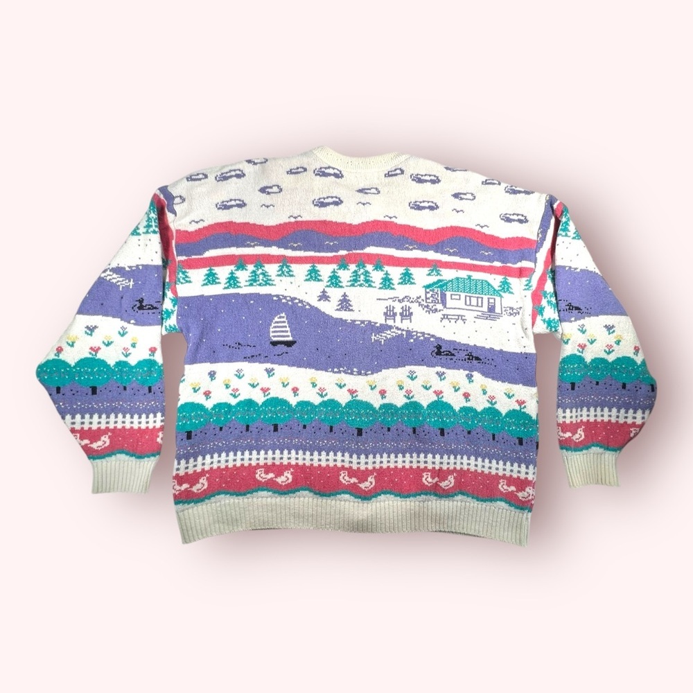 Vintage 90s Northern Reflections Pink Purple Duck Lake Nature Scene Cardigan XL - Picture 3 of 12